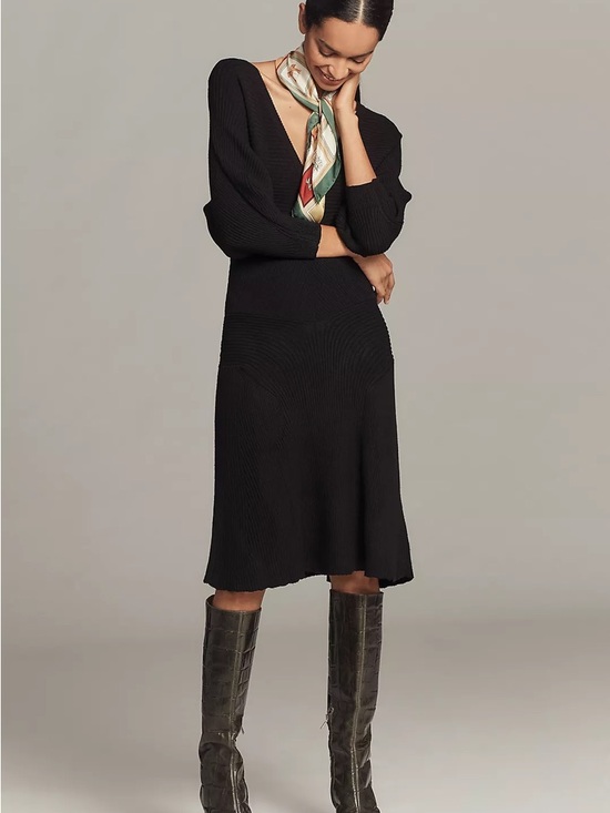Anthropologie Dresses & Skirts - Anthropologie Black Smocked Waist Ribbed Sweater Dress Size M